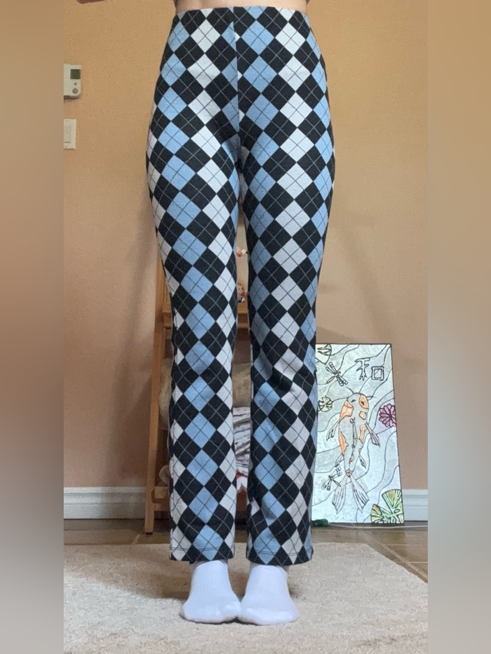 twik Argyle Pattern Slim Straight Jeans in Light Blue, Black, White